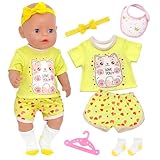 Puppenkleidung für 35-43cm Newborn Baby Puppen, 6 Stück Outfits Shorts und Stirnband mit Schleife Lätzchen Kleiderbügel Socken, Wäscheklammerl für 14-17 Zoll Puppen Kinder