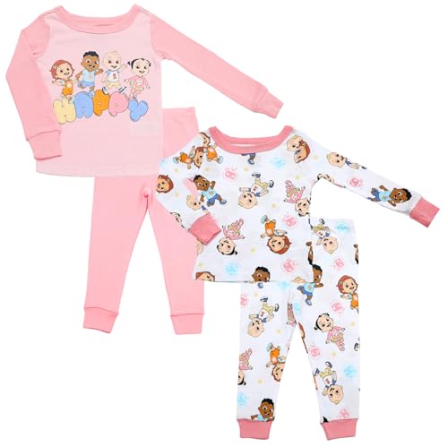 CoComelon Girls Pajamas Set for Toddlers - 4 Piece Cotton Pj Set for Kids - Snug Fit Long Sleeve Top and Bottoms