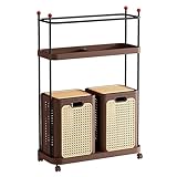 Cesto Ropa Sucia Alto de Pie con Ruedas Cesto de la Ropa Sucia con Estructura de Acero ai Carbono Cesta de Ropa Sucia de 2 Niveles para Lavandería, Baño, Sala de Estar(Brown,40 * 33 * 78cm)