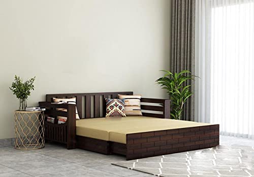 Image of Krishna Wood Decor Solid Sheesham Wood Convertible 3 Seater Sofa Cum Bed with Headboard and Storge Armrest, Folding Double Bed with Mattress for Home Living Guest and Office Areas, Brown