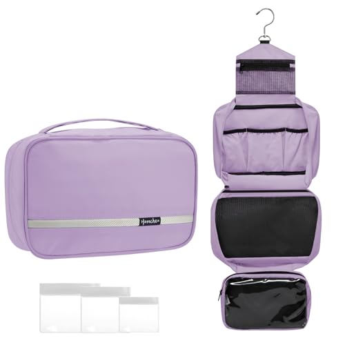 homchen Neceser colgante Kit de viaje para hombres y mujeres, Actualizado Gran Capacidad Bolsa de aseo Bolsa de maquillaje con 4 compartimentos, Tamaño Compacto Plegable, morado