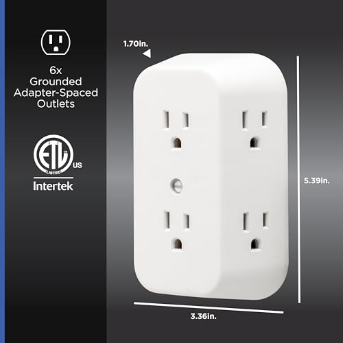 GE 6 Outlet Wall Plug Adapter Power Strip 2 Pack, Extra Wide Spaced Outlets, Power Adapter, 3 Prong, Multi Outlet Wall Charger, Quick & Easy Install, White, 40222