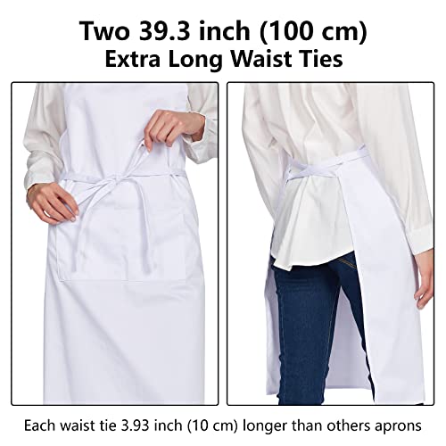 Jubatus 12 Pack 65% Polyester/ 35% Cotton Adjustable Bib Apron With 2 Pockets Extra Long Ties Aprons For Women Men Chef Kitchen Cooking Baking, White #TOP3