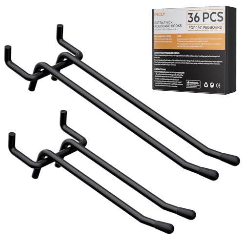 INCLY 4/6 Inch Black Pegboard Hooks, 36 Pack Heavy Duty Double Arm Peg Board Straight Hooks, Peg Board Tool Hangers Fit for 1/4