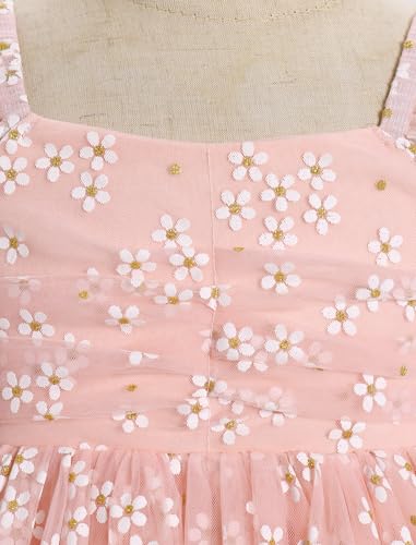 AWIBMK Kids Baby Girls Mesh Long Sleeve Birthday Princess Tulle Tutu Dress Square Neck Smocked Back Wedding Party Dress Pink Floral 5-6 Years3