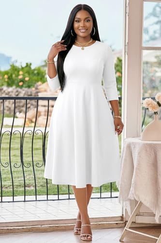Image of Runwind Women's Plus Size Midi Dress Classy High Waist Wedding Guest Dress Casual Crew Neck 3 /4 Sleeve A-Line Swing Dresses