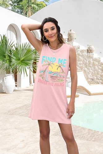 Image of MYHALF Summer Tank Dress for Women Sleeveless Beach Vacation Sundress Short Coconut Tree Sun Dress Casual Coverup