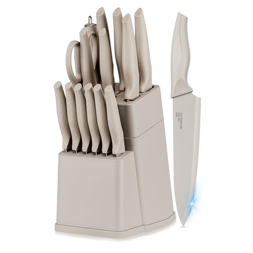 Joyfair Messerblock mit Messer, 15-teiliges Hochwertig Carbon Edelstahl Messerset mit Wetzstahl, Scharf Messer Set mit Kochmesser, Brotmesser, Schere, Küchenmesser für Hacken, Schneiden, Khaki