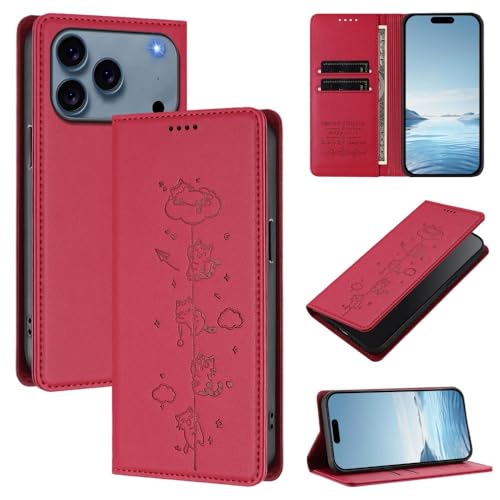 Étui portefeuille iPhone 11 Pro Max Rouge avec motif chat et fermeture magnétique