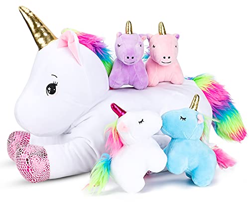 Pegmapri 16inch Unicorn Stuffed Animals PlaySet- Unicorn Doll Toy Gifts for Girls - Stuffed Mommy Unicorn with 4 Baby Plush Unicorns