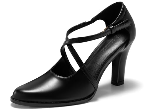Coutgo Womens Chunky High Heels Dress Shoes Closed Pointed Toe Cross Strap Buckle Pumps Vintage D'Orsay Party Shoes