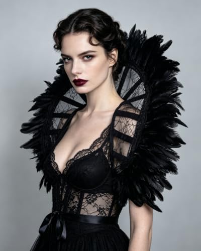 Feather Lace Shoulder Cape Gothic Stand up Collar for Halloween (Black) - image 5