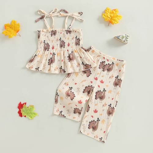 VISGOGO Halloween Toddler Girl Outfit Pumpkin Smocked Tie-up Spaghetti Strap Tops Leg Pants Halloween Baby Girl Clothes4