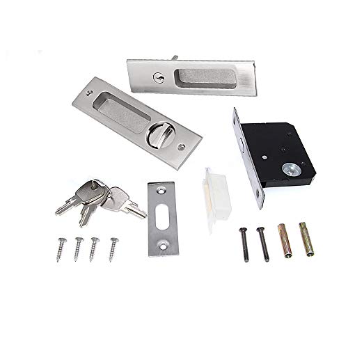 LWZH 6.3" Brushed Silver Privacy Pocket Door Lock Hardware, Invisible Recessed Handle Latch with Keys, Sliding Door Mortise Lock, Double Barn Door Lock Furniture Hardware…