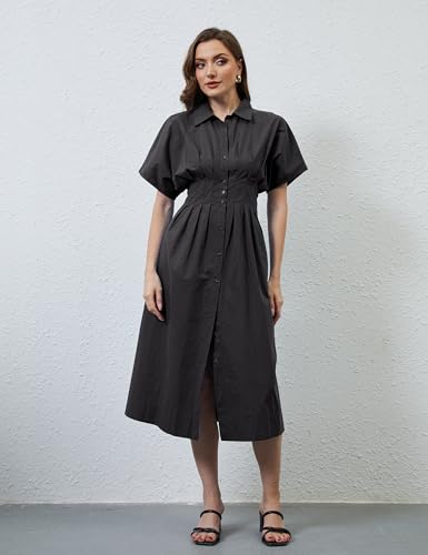 Striped Button Pleated Shirt Maxi Dress for Women Summer Short Sleeve Collar V Neck Corset Long Dress4