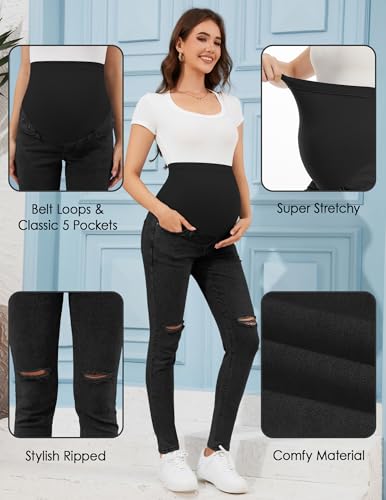 Image of PACBREEZE Women's Maternity Jeans Over Belly Skinny Stretchy Denim Pants Comfy Slim Pregnancy Pants