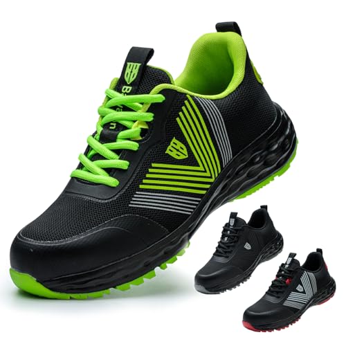 Bawalon Zapatos de Seguridad Hombre Mujer Ligeras Calzado de Trabajo Comodo Antideslizante Zapatillas de Seguridad con Punta de Acero Transpirables Verde Negro EU 37