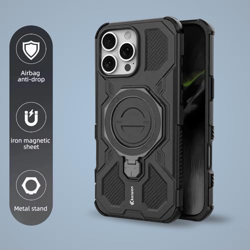 Image of KARWAN Tough Shockproof Armor Back Case Cover Compatible with iPhone 16 Pro Max with 360 Degree Rotation Magnetic Attraction Ring, Holder Heavy Duty Cover with MagEaze Wireless Charging (Black)