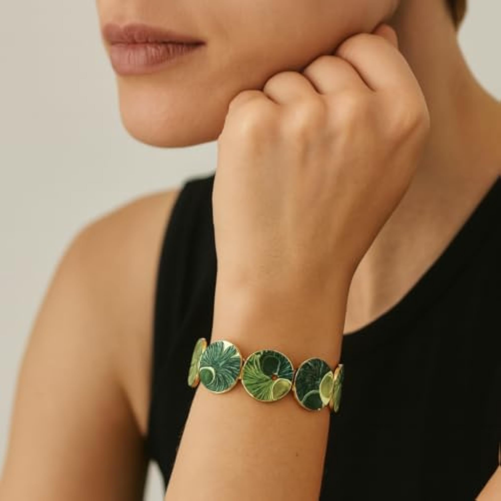 Women's Verdant Forest Gold Enamel Bracelet, Elegant Design
