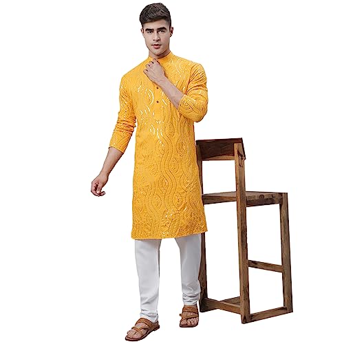 Image of SOJANYA (Since 1958 Men's Silk Blend Navy Blue Kurta with Multi Color Embroidery
