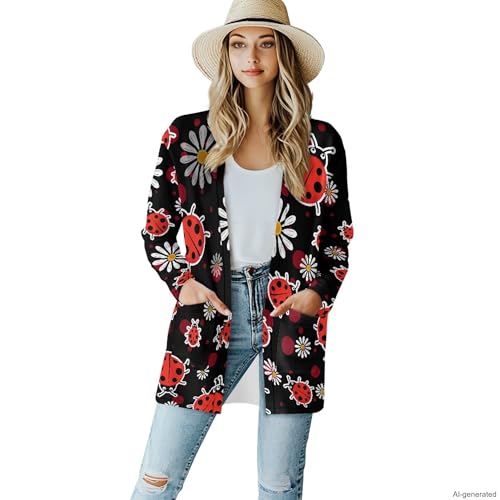 Image of Forchrinse Red Ladybug Cardigan for Women Causal Long Sleeve Open Front Cardigans Sweater Fashion 2024 Fall Coat with Pockets