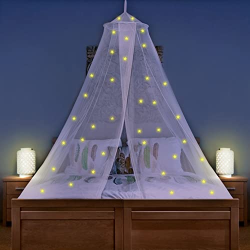 Image of Canopy for Girls Bed with 67 Pre-Glued Glow in the Dark Stars - Princess Mosquito Net Room Decor - Kids & Baby Bedroom Tent with Galaxy Lights - 1 Opening Canopy Bed & Hanging Kit Included