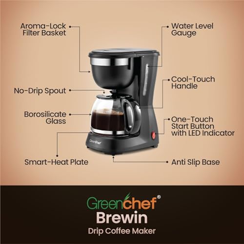 Image of GREENCHEF Brewin Drip Coffee Maker 600W | Borosilicate Glass Carafe | One-Touch Brewing | Drip-Stop Function | Dishwasher-Safe | 600ml Capacity With Filter |