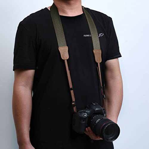 Olive Green Camera Strap,Double Layer top-grain Cowhide Ends,1.5"Wide Pure Cotton Woven Camera Strap,Adjustable Universal Neck & Shoulder Strap for All DSLR Cameras,Great Gift for Photographers by Padwa Lifestyle - Used condition - Image 2