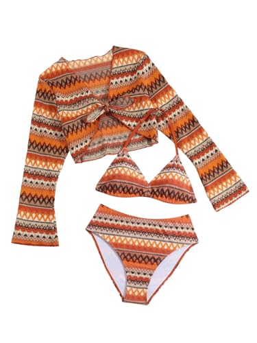 Image of SHENHE Girl's 3 Piece Geometric Swimsuit Halter Triangle High Waisted Bikini Set with Cover Up Orange 16Y