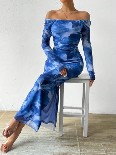 Image of LIGHT DOT Women's Printed Off Shoulder Maxi Dress Long Sleeve Bodycon Ruched Mesh Cocktail Dress