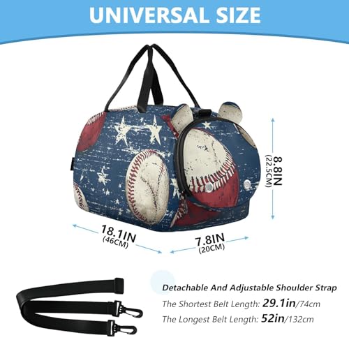 Gym Travel Duffle Bag for Boys Girls Baseball White Stars Pattern Navy Sports Dance Bag with Shoe Compartment & Wet Pocket Football Kids Travel Bag Teens Sleepover Carry3
