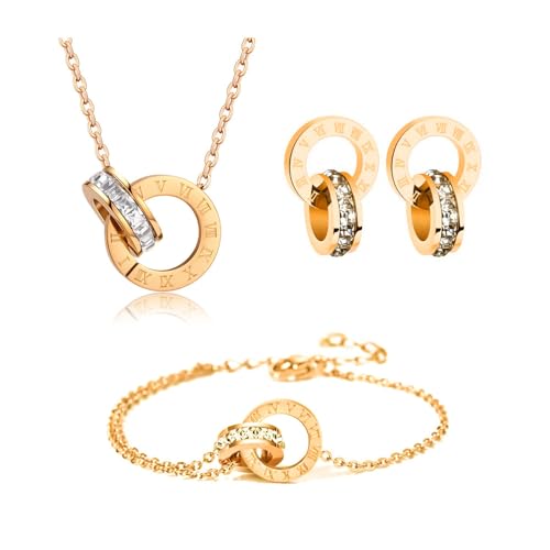 RPAEOY Schmuckset für Damen und Mädchen Zirkonia Edelstahl Römische Ziffern Kreis Anhänger Halskette Ohrringe Armband Set 18K Vergoldet Versilbert Schmuck Set Brautschmuck (Gold)