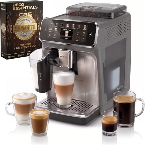 PHILIPS 5500 Series Fully Automatic Espresso Machine with LatteGo 20 Hot & Iced Drinks SilentBrew 100% Ceramic Grinder Touch Display AquaClean Filter + Deco Essentials CPS 2 Year Protection Plan