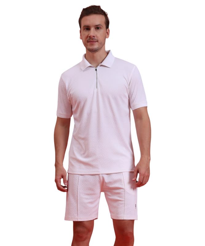 Premium White Co-ord Set for Men | Textured Polyester Polo T-Shirt with Zipper & Matching Mid-Rise Shorts | Two Piece Outfit | Regular Fit | Casual Wear with Pockets-image-16
