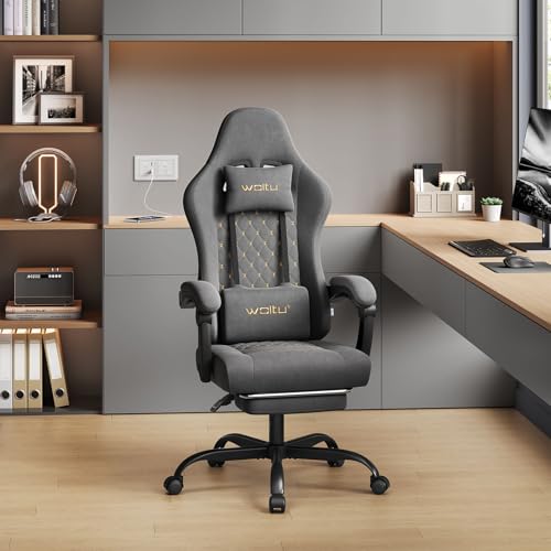 Sedia Gaming con Massaggio, Sedia da Ufficio Ergonomica Girevole Ampia Imbottita per Computer con Cuscino Lombare Massaggiante, Carico 150 Kg, Tessuto Tecnologico, Grigio+Giallo - Sedia gaming - Immagine 8