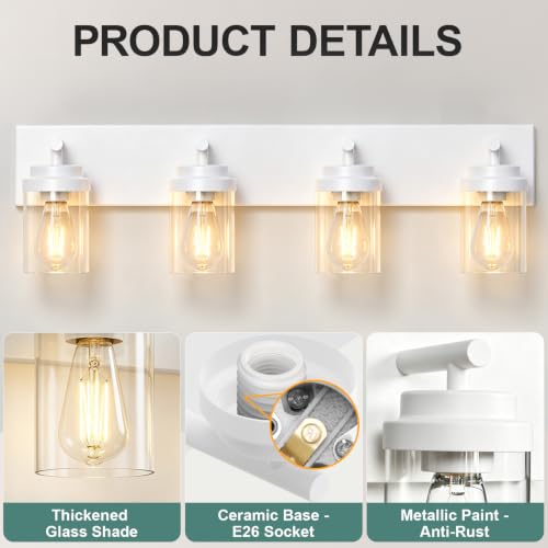 Image of IZORRO Bathroom Light Fixture White, Clear Glass Shade 30-Inch 4-Light | Bathroom Light Fixtures Over Mirror, Modern Farmhouse Vanity Lights, Rustic Restroom Lighting Fixtures