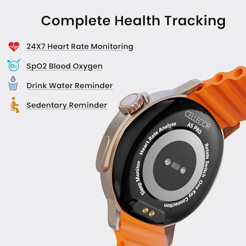 Image of CELLECOR A5 PRO DISC 1.52 inch HD Display- BT Calling Smartwatch, 500 NITS, AI Voice Assistant, with 120+ Sports Modes, SpO2, HR, IP68, Camera Control - Golden /Orange