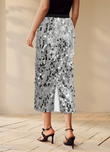 Womens Sequin Skirt Elastic Waist High Waist A line Sparkly Shiny Midi Concerts Night Out Club Party Skirts4