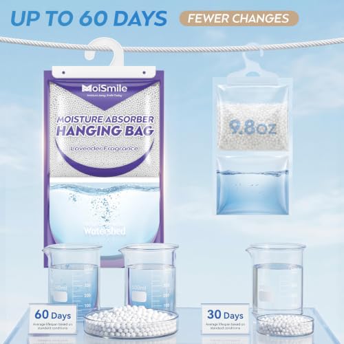 Image of 17.5 oz Large Hanging Moisture Absorber Bags for Closets, Lavender, 3 Pack | 12 g Fragrance Beads for a Lavender Scent, Fast-Acting Humidity Absorber, 1000 mL Capacity, Leak-Resistant, Bathrooms & RVs