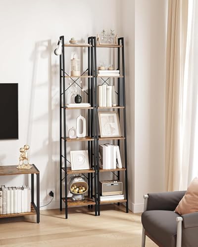 Image of Hzuaneri 6-Tier Ladder Shelf, Narrow Bookshelf, Freestanding Bookcase, Corner Storage Shelves with 2 Hooks for Home Office, Living Room, Kitchen, Bedroom, Industrial, Rustic Brown and Black BC13301B