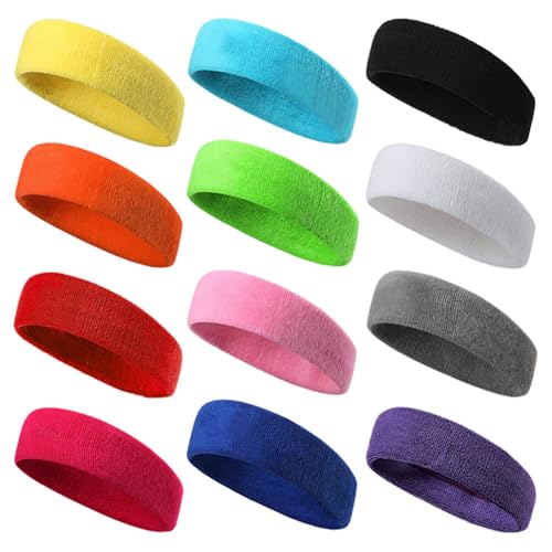 12 Piezas Diadema Deportiva para Hombres y Mujeres Cinta Frente Sudor Cabeza Banda Elástica de Pelo Transpirable Antideslizante Banda de Cabeza Atlética de Algodón de Absorción de Humedad