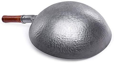 Handgeschmiedeter Eisen-Wok, Professioneller Chinesischer Traditioneller Handgehämmerter Kohlenstoffstahl-Pow-Wok Mit Ulmenholz- Und Stahl-Helfergriff - 34cm