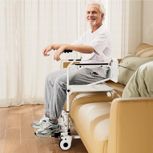 Frezon 介護アルミニウム合金昇降式車椅子 4 機能一体型（車椅子・シャワーチェア・便座機能・移乗補助）最大耐荷重 120kg 防水設計 工具不要組立 介護用 在宅用 オープンバック & 肘掛け 360° ステアリング ポータブル便器付き