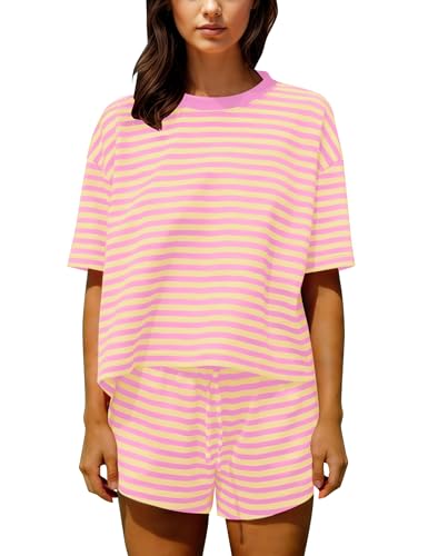 Image of Ythomm Striped Pajamas Shorts Sets Women 2 Piece Lounge Outfits Short Sleeve Tees Drawstring Shorts Summer Matching Pj Sets