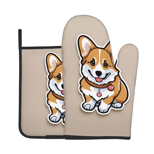 WZYWHJ Lindo juego de guantes de horno y soportes para ollas de Corgi Butt para cocinar, microondas, parrilla, resistente al calor con diseño de cordón