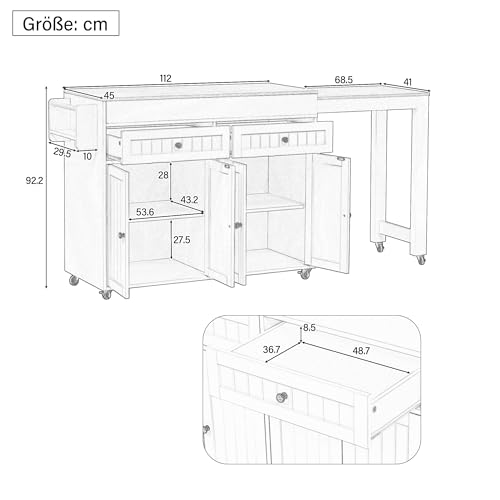 Table extensible pour cuisine avec espace de stockage et 2 tiroirs