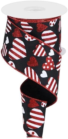 Multi Patterned Valentine Hearts on Canvas Wired Edge Ribbon, 10 Yards (2.5 Inch, Black)