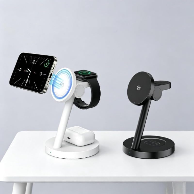 Qi2 25W 3-in-1 Wireless Charging Station | for MagSafe iPhone 12–17, Apple Watch, Samsung Watch, AirPods & Galaxy Earbuds (White)