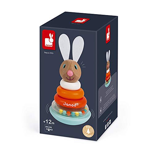 Janod - Stackable Culbuto Rabbit (Wood) - Wooden Early-Learning Toy - Educational Game - Fine Motor Skills - 12 Months - J08248