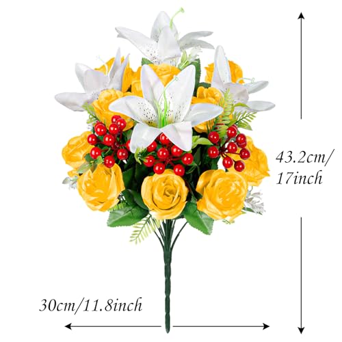 Artificial Cemetery Flowers with Vase, Set of 2 Rose Lily Bouquet Graveside Decoration, Artificial Memorial Flowers for Easter Mother's Day Arrangements (Yellow) image 3